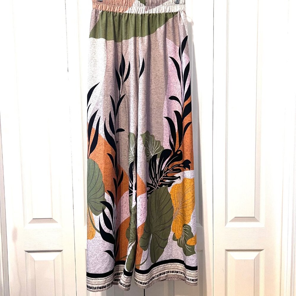 Sweet Rain Wide Leg Floral Print Pants in Green, Orange & Black